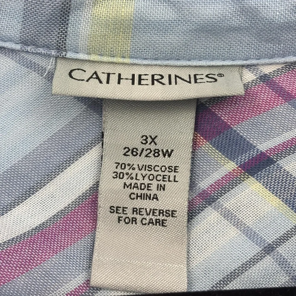 Catherines Button Up Shirt Womens 3X‎ Blue Pink Plaid Lightweight Beachy Casual - Picture 7 of 15